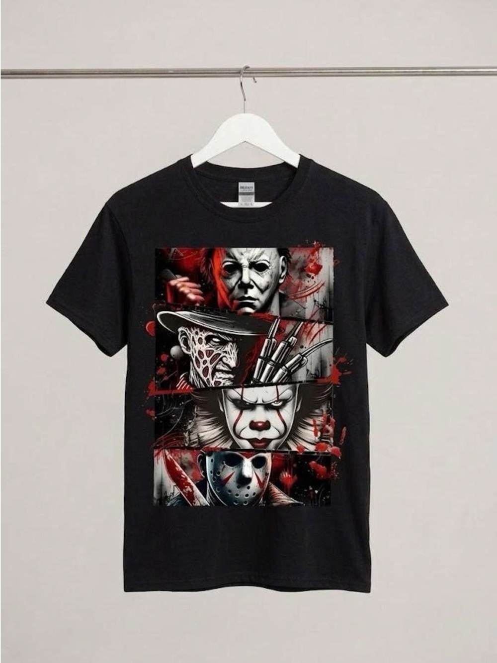 Horror Movie Villains Graphic T-Shirt Spooky Slasher Halloween Killer Tee Black